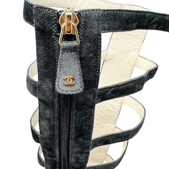 Chanel Suede Block Heel Gladiator Tall Sandals CC logo dark gray size 38 - Picture 5 of 13